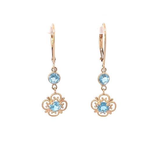 14K Yellow Gold Swiss Blue Topaz Clover Drop Earring