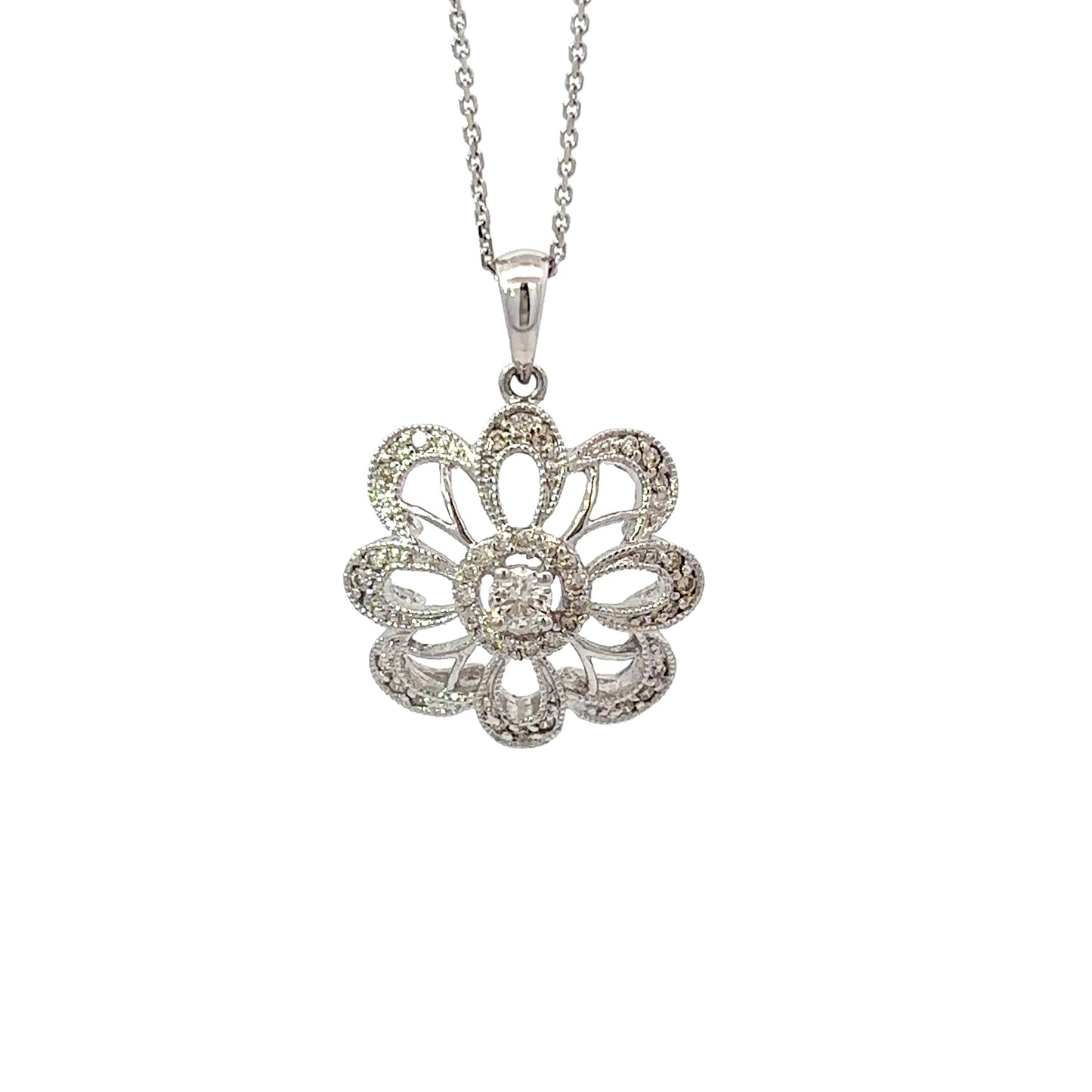 14K White Gold Filigree Flower With Diamonds