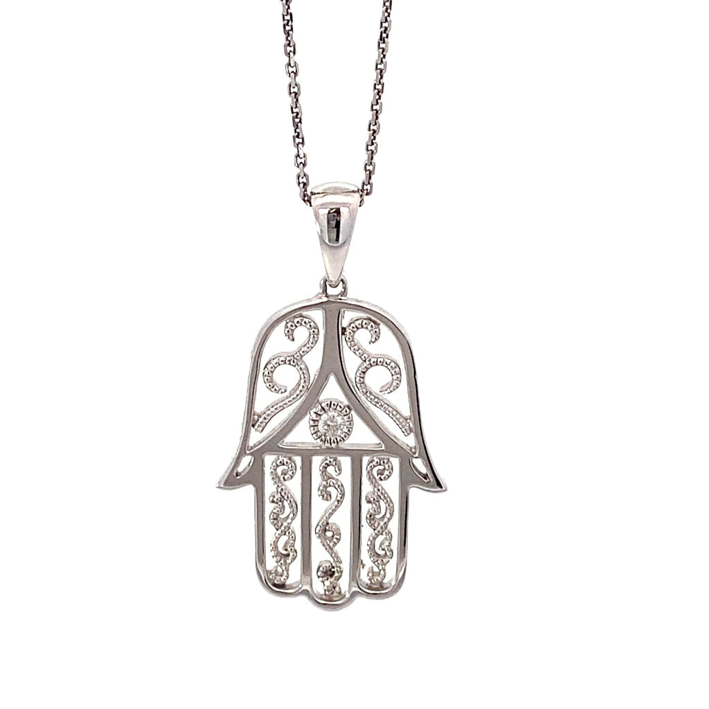 18K White Gold Vintage Hamsa Hand with Diamond Center