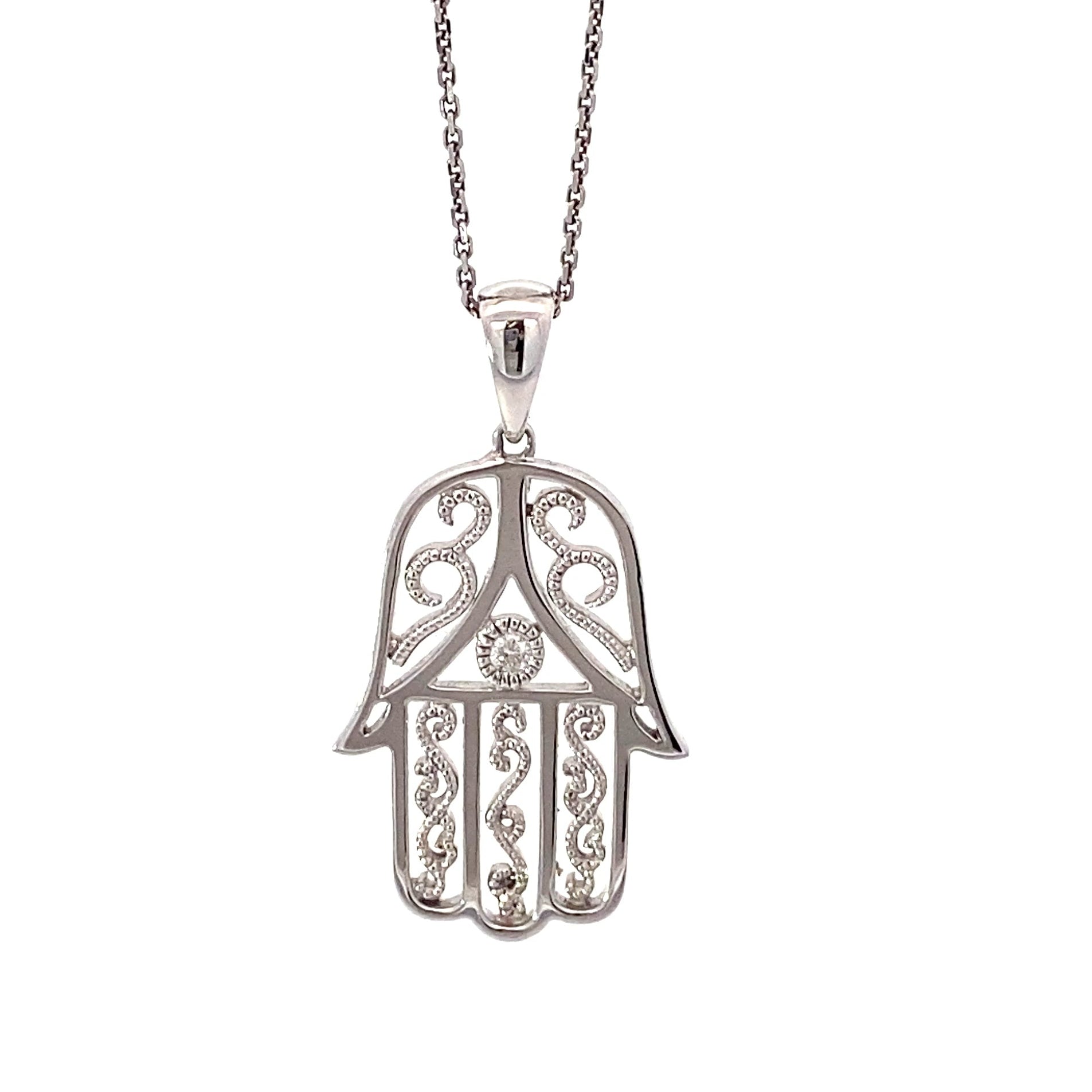 18K White Gold Vintage Hamsa Hand with Diamond Center