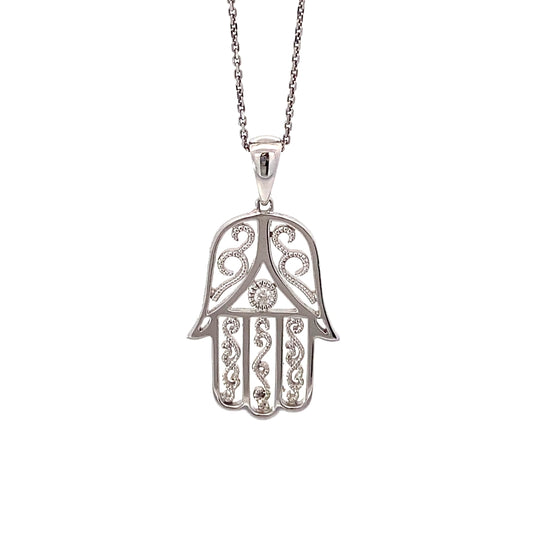 18K White Gold Vintage Hamsa Hand with Diamond Center