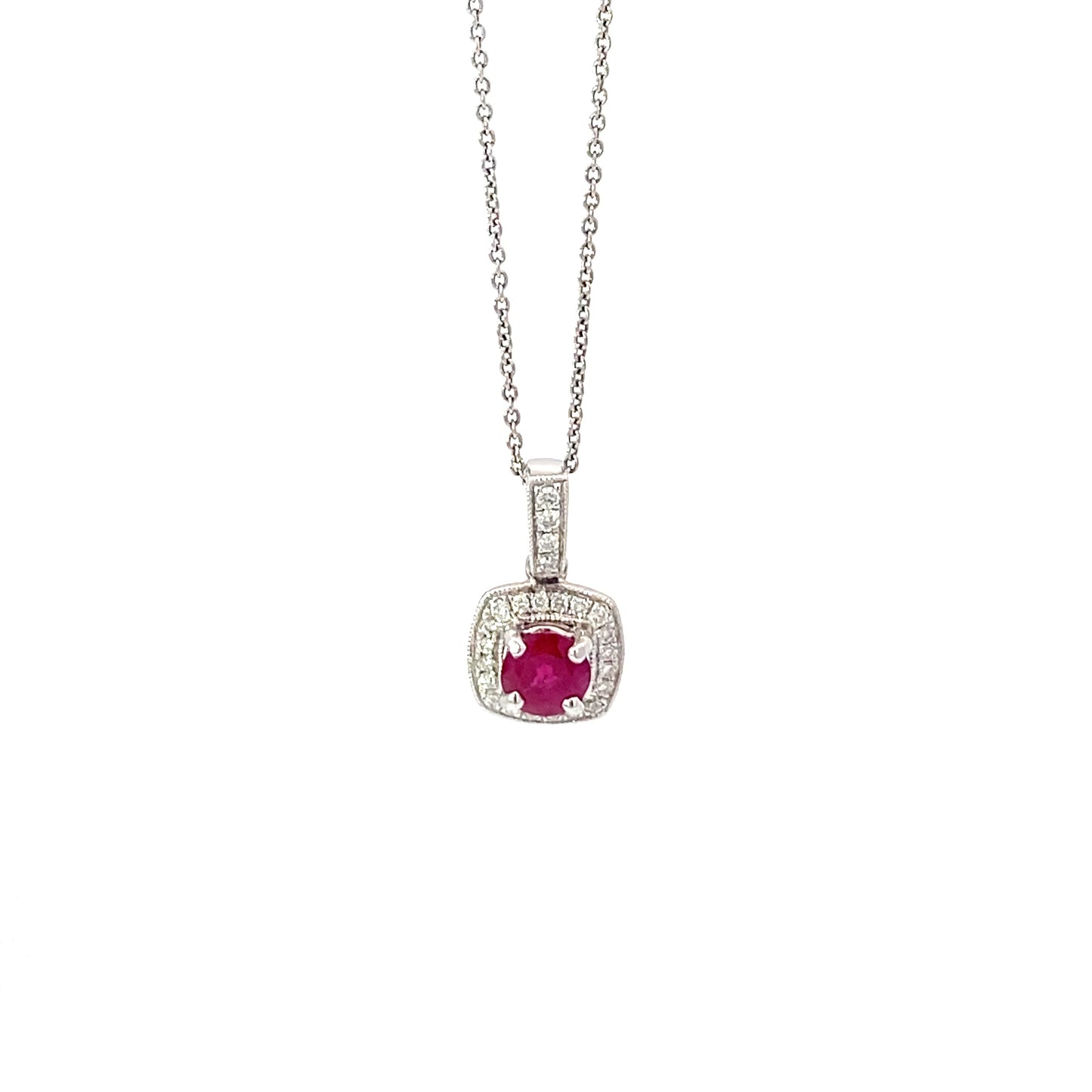 14K White Gold Square Diamond Halo with a Ruby