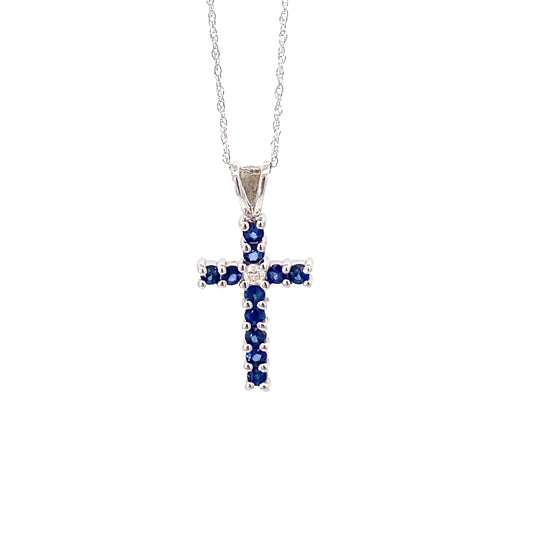 14K White Gold Diamond and Sapphire cross pendant