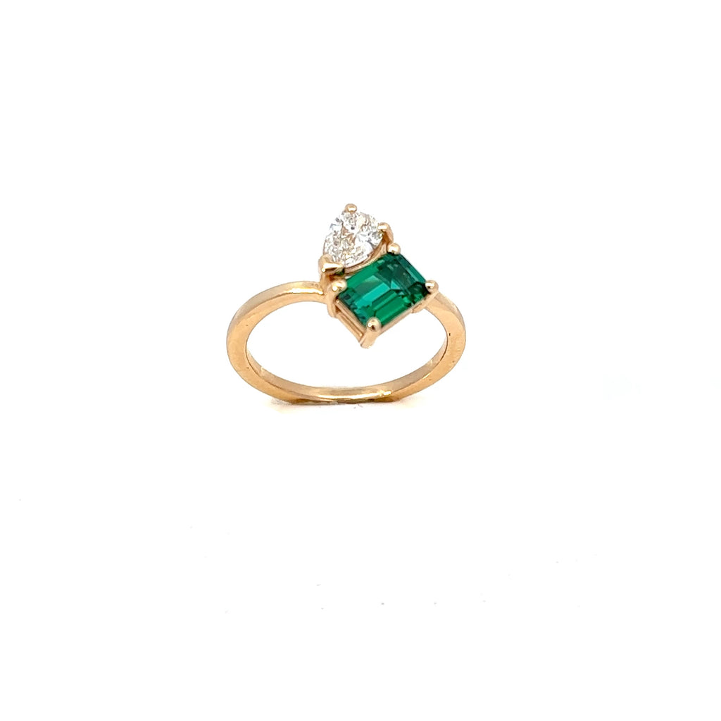 14K Yellow Gold Two Stone Ring Lab Grown Diamond and Lab Grown Emerald