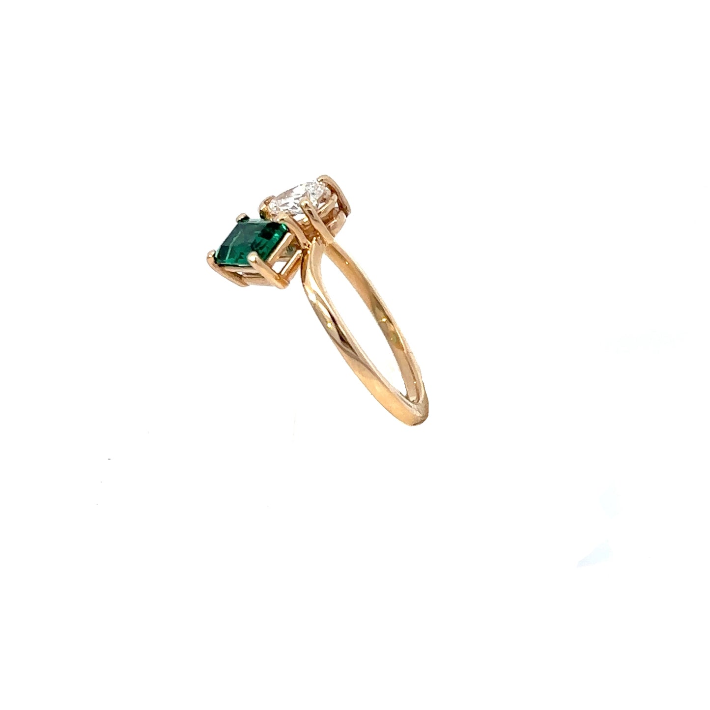 14K Yellow Gold Two Stone Ring Lab Grown Diamond and Lab Grown Emerald