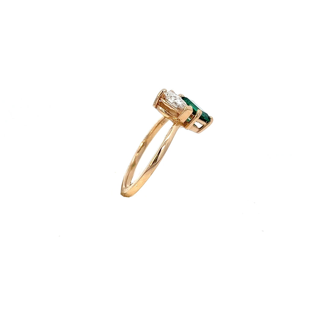 14K Yellow Gold Two Stone Ring Lab Grown Diamond and Lab Grown Emerald