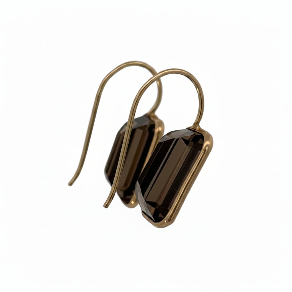 14K Smokey Topaz Emerald Cut Earrings