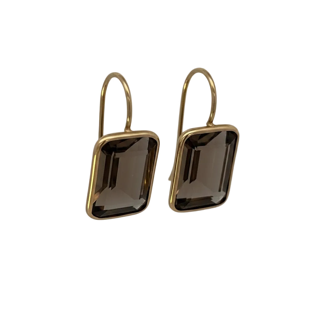 14K Smokey Topaz Emerald Cut Earrings