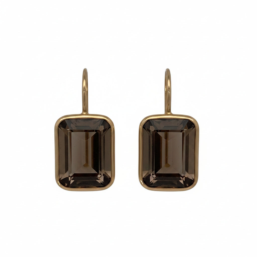 14K Smokey Topaz Emerald Cut Earrings