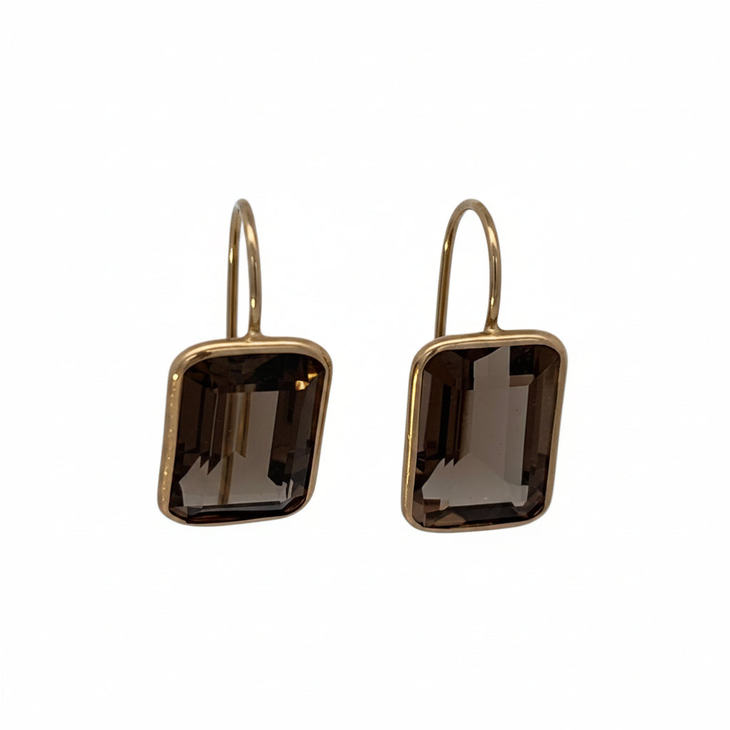 14K Smokey Topaz Emerald Cut Earrings