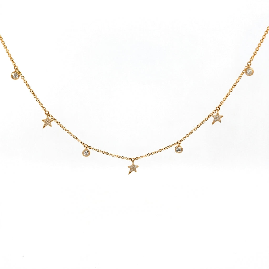 14K Yellow Gold Natural Diamond Star & Bezel Charm Necklace